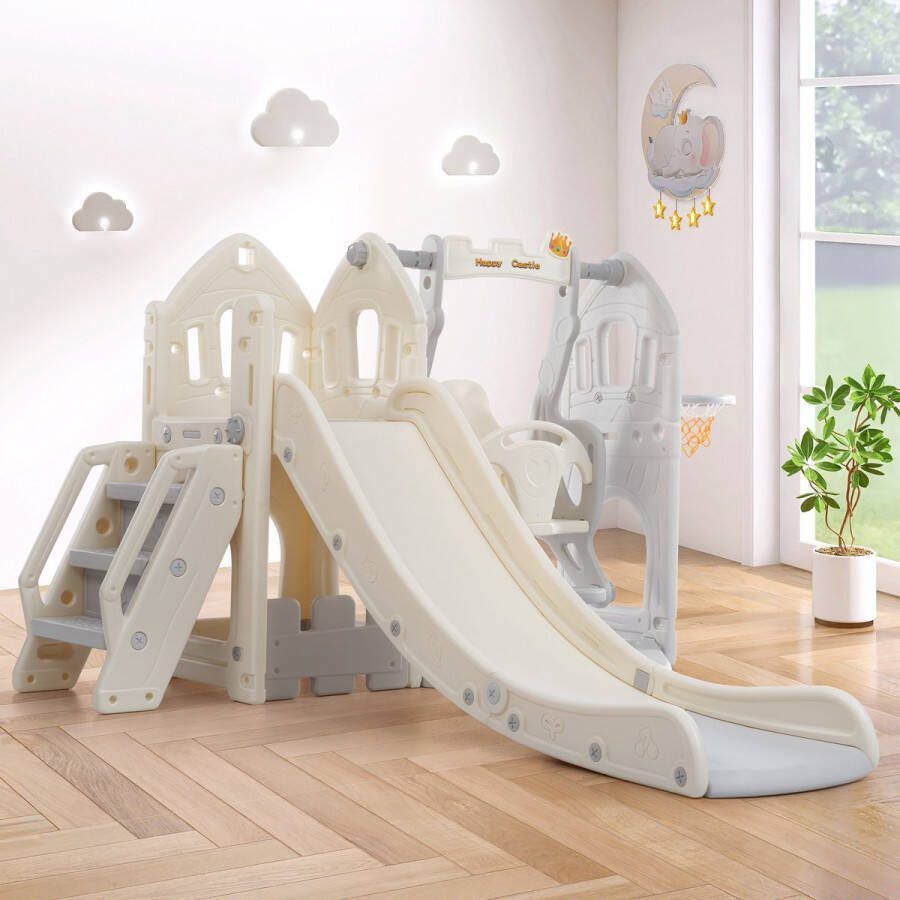 YJZQ Kinderglijbaanset met schommel 5 in 1 kinderglijbaan klimrek opbergruimte schommel basketbalframe indoor schommelglijbaan voor jongens en meisjes van 2-8 jaar-grijs