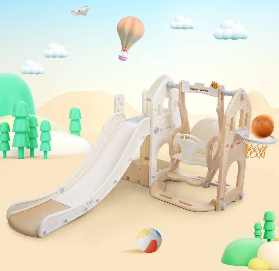 YJZQ Kinderglijbaanset met schommel 5 in 1 kinderglijbaan klimrek opbergruimte schommel basketbalframe indoor schommelglijbaan voor jongens en meisjes van 2-8 jaar-bruin en wit