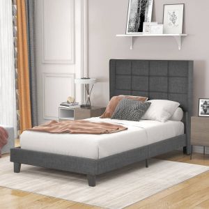 YJZQ Modern Design Gestoffeerd Bed 90x200cm-Hoofdbord Eenpersoonsbed Met Lattenbodem-Grijs Linnen-Medium Stevig (Zonder Matras)grijs