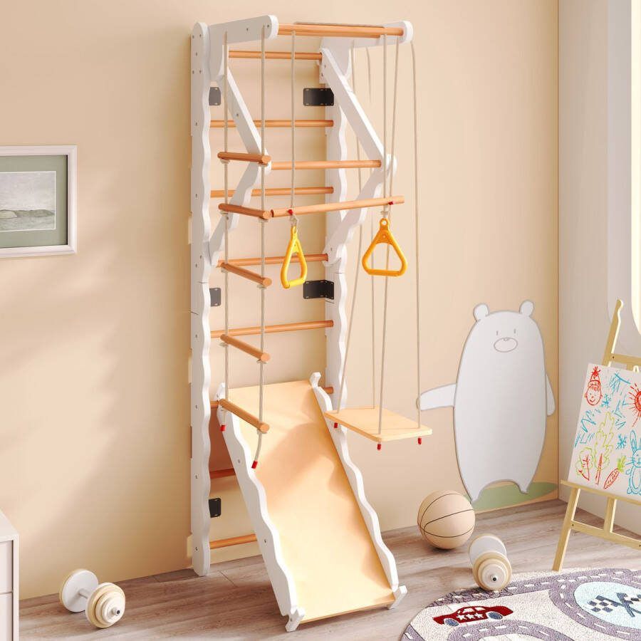 YJZQ Peuterspeelset Binnenspeeltuin Jungle Gym Set Hout 6-in-1 Multifunctionele klimrekken Glijbaan schommel kruipladder klimrek optrekgedeelte Ringen Rotsklimmen voor kinderen Draagvermogen 50 kg