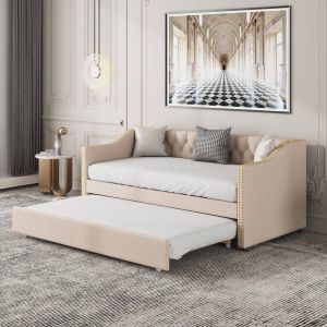 YJZQ Studio slaapbank met uitschuifbaar bed Gestoffeerd kinderbed 90x200 Uitschuifbare slaapbank -Duurzame linnen stof Jeugdbed Kinderbed Gastbed-beige