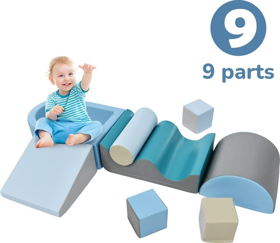 YJZQ 9-delige bouwblokken om mee te spelen en te klimmen Grote set zachte bouwblokken voor peuters kleuters en baby's Trap glijbaan en ballenbak zachte bouwblokken exclusief bal
