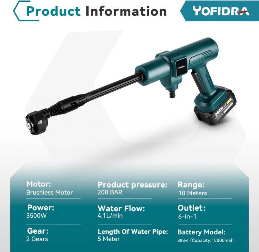 Yofidra Plein Yofrida 6 in 1 Draadloze Hogedrukreiniger Accu Hogedrukreiniger 6 in 1 Nozzle Regelbare Werkdruk Tot 200 Bar Met Opslagcase En 2 Accu's 3500W
