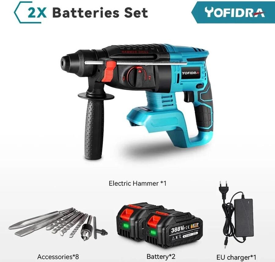 Yofidra Silet Klopboormachine Met 4 Standen Inclusief Twee 18v Accu's & 8 Borenset Geschikt Voor Makita 18v Accu's Trigger Met Variabele Snelheid -Met Handgreep Blauw