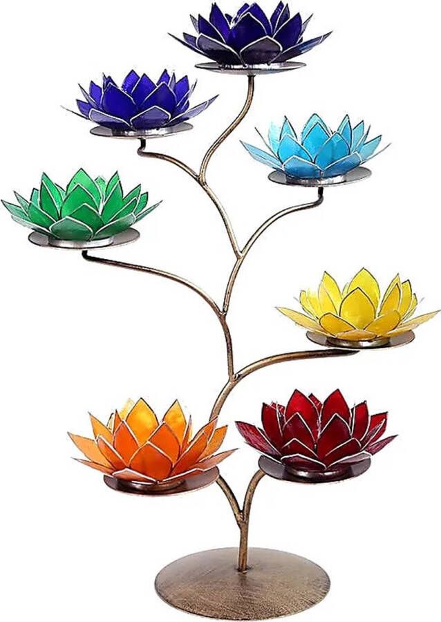 Yogi & Yogini Meditation Chakra Lotus display metaal + 7 Chakra Sfeerlichten Met goudkleurige rand
