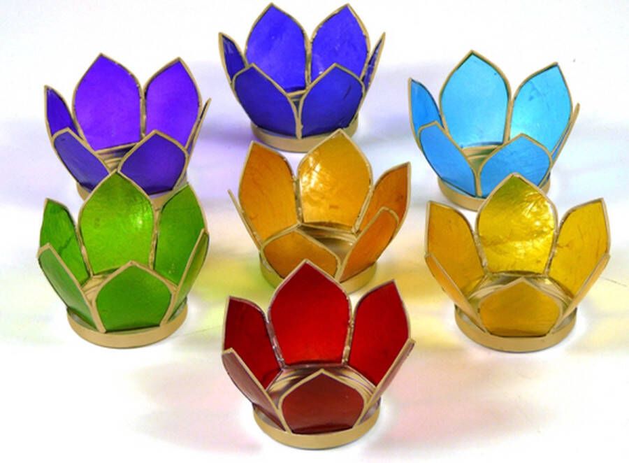 Yogi & Yogini Set van 7 Lotus sfeerlicht klein chakra goudrand 8 Schelp Meerkleurig Goudkleurig