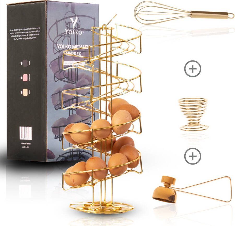 Yolko Eierrek 40 eieren Goud Eierhouder – Eiermand – Etagere Draaibaar inclusief eieropener eierdopje en garde