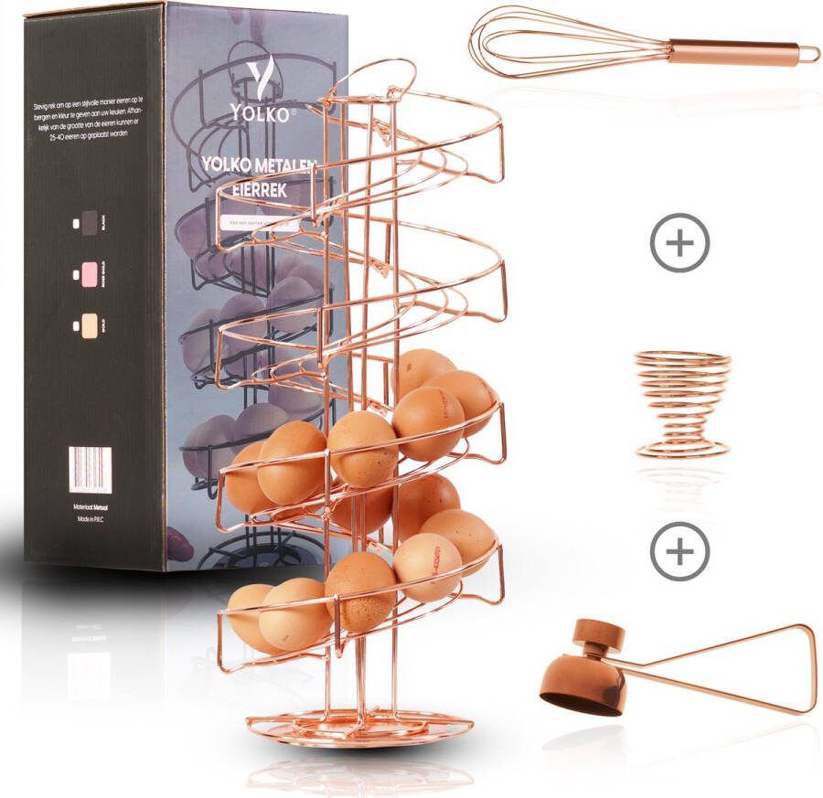 Yolko Eierrek 40 eieren Roségoud Eierhouder – Eiermand – Etagere Draaibaar – inclusief eieropener eierdopje en garde