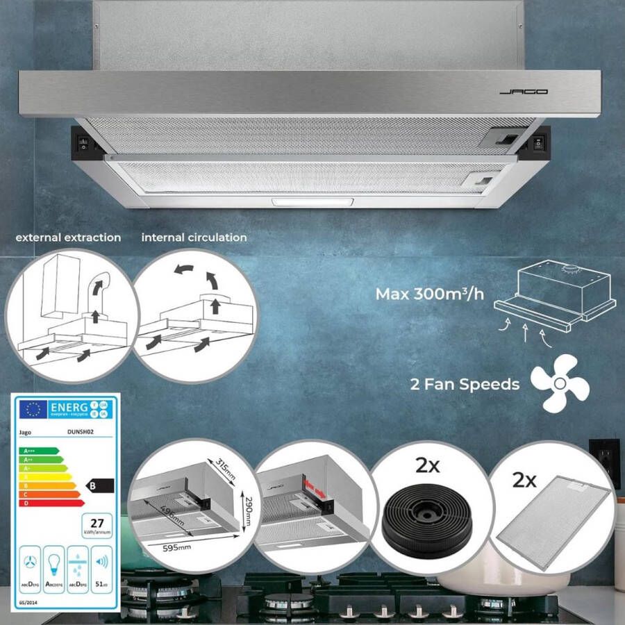 Yolo-deals Afzuigkap 2 koolstoffilters uitschruifbaar 2 standen 60cm zilver