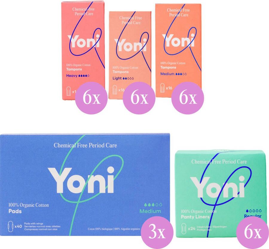 Yoni Toilet Set 288x Tampons 120x Maandverbanden 144x Inlegkruisjes 100% Biologisch katoen