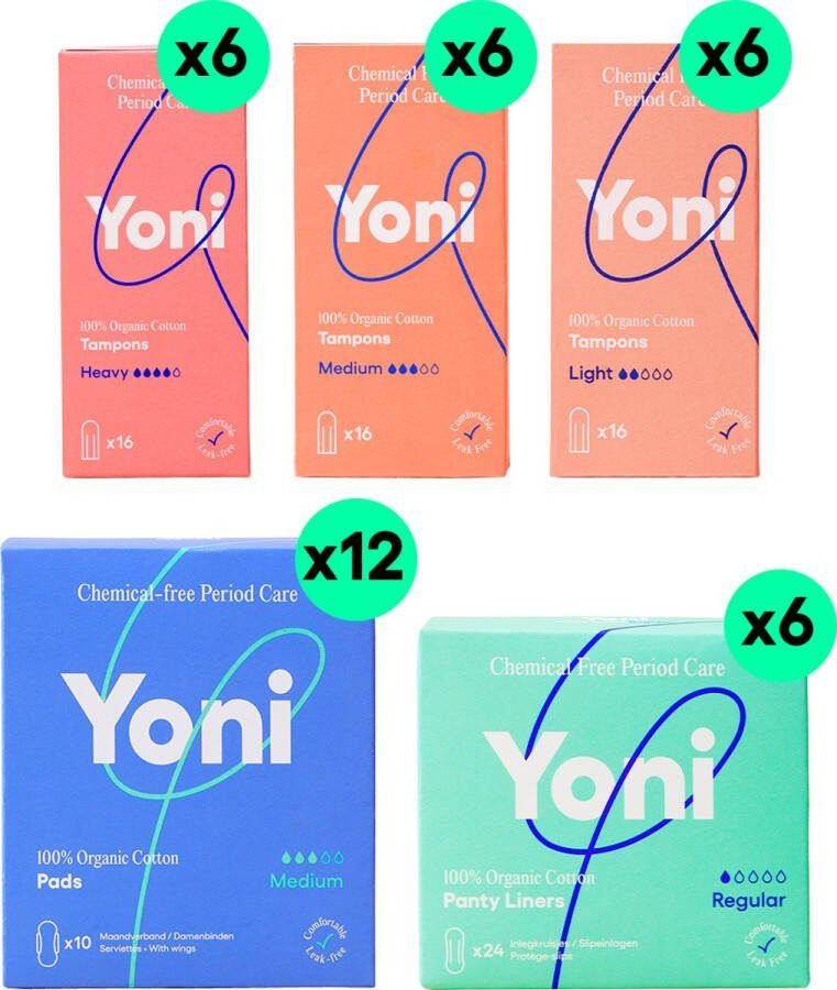 Yoni Toilet Set 288x Tampons 120x Medium Maandverband 144x Regular Inlegkruisjes 100% Biologisch Katoen