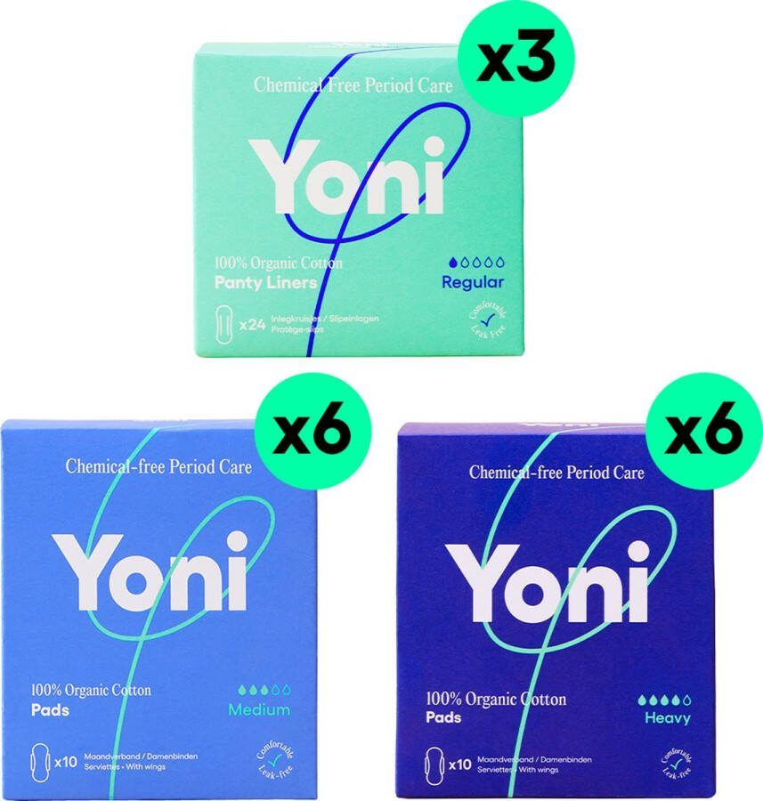 Yoni Voordeelverpakking 72x Inlegkruisjes Regular 60x Maandverband Medium & Heavy 100% Biologisch Katoen