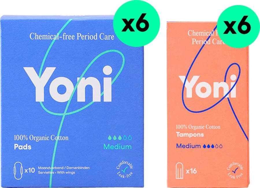 Yoni Voordeelverpakking 96x Tampons Medium 60x Maandverband Medium 100% Biologisch Katoen