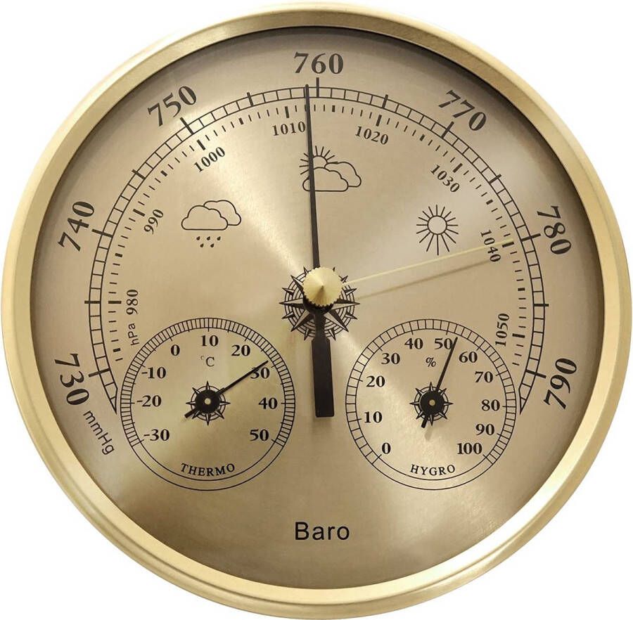 YONO Luxe Barometer Weerstation met Thermometer en Hygrometer – Messing Goudkleurig – Voor Binnen en Buiten