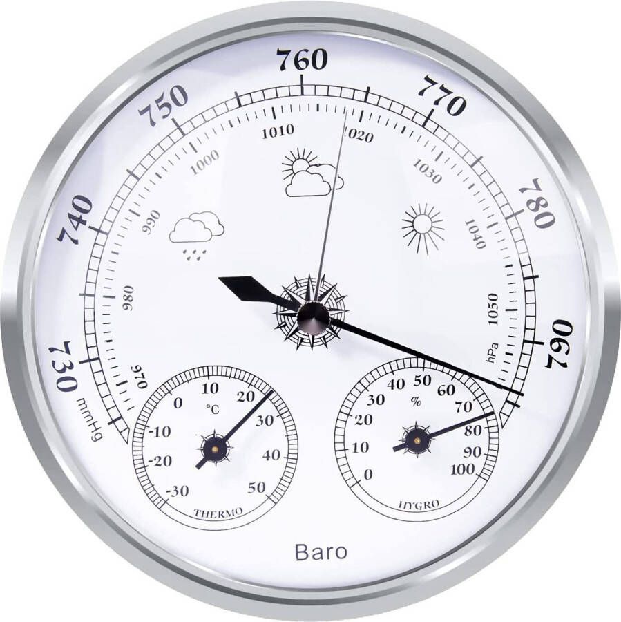 YONO Luxe Barometer Weerstation met Thermometer Hygrometer Messing Zilverkleurig – Voor Binnen en Buiten