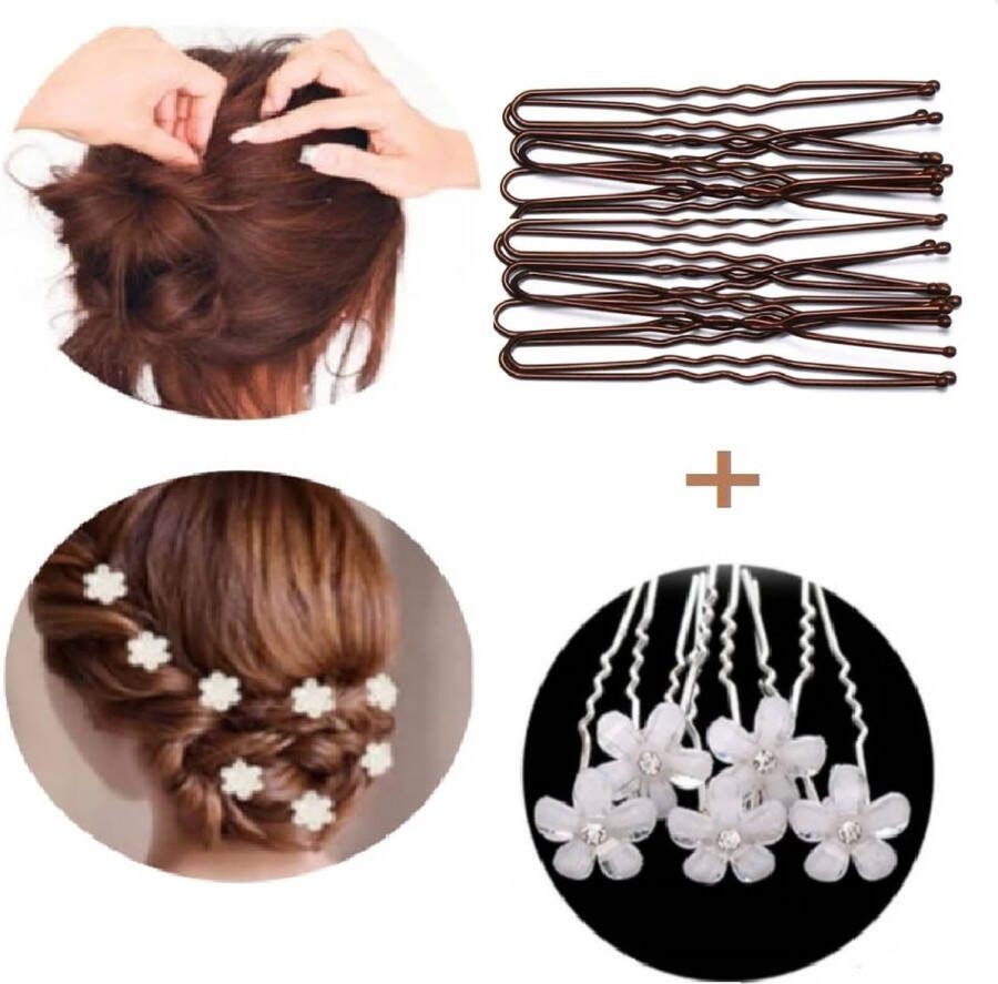 Youhomy accessoires 12 STUKS HAARPINNEN Roos wit met U pins bruin Bruid Haarpinnen U-vormige- Bruidsmeisje haaraccessoires zilver Parel Bruid Feest Gelegenheid