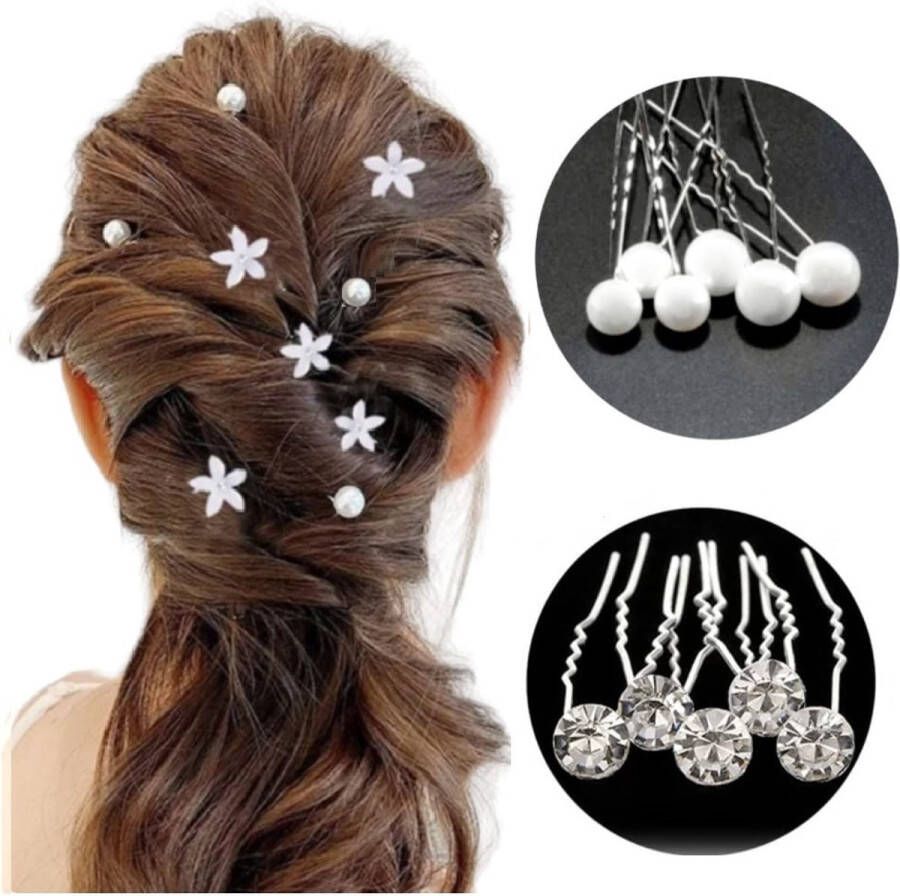 Youhomy accessoires Bruids Haar Clips haarpinnen 12 stuks PAREL haarpinnen+ Kristal haarpinnen -Youhomy Haarsieraad Haarversiering Haaraccessoire Bruidskapsel pinnen- Bruidmeisje Haarpinnen U-vormige- zilver Bloem Parel Bruiloft Gelegenheid