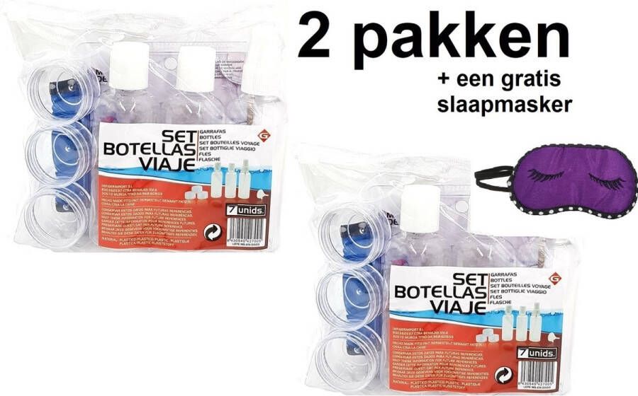 Youhomy accessoires Youhomy Reisflessen 2X set- Handige vliegtuig set slaapmasker- vakantie toiletartikelen handbagage- Hand bagage set met reisflessen potjes in doorzichtige toilettas- Per set 7 stuks