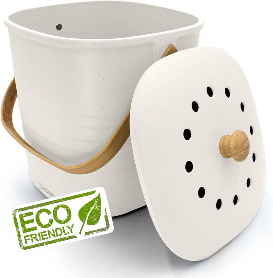YourCasa Compostemmer 6 liter voor dagelijks biologisch afval in de keuken geurdicht en afwasbaar duurzame biologische vuilnisemmer met deksel en filter in eenvoudig design biologische afvalemmer voor keuken (6 l wit)