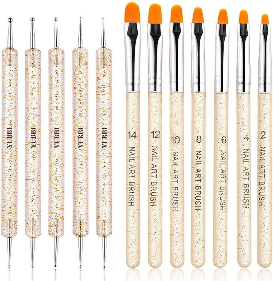 YUBBI ™ 12 delige Nail Art Penselen Set Nagellak Acryl Penselen Fineliner Penseel Dotting Tools Siliconen Nail Art Penselen