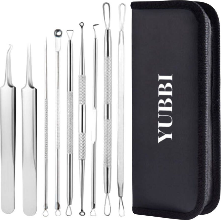 YUBBI Blackhead Remover Set 9 Delig Mee eters verwijderen- Comodonenlepel Extractie Pincet Comedonendrukker Zilver Inclusief Opberg Etui