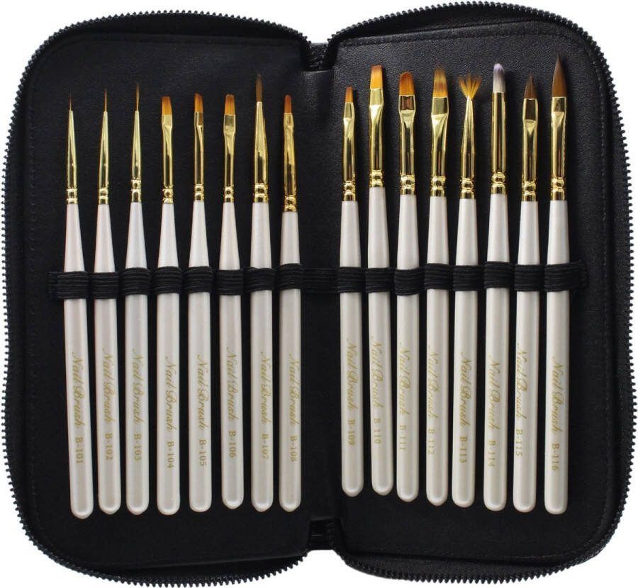YUBBI Professionele 16-delige Nail Art Set Nagellak Acryl Penselen Fineliner Penseel Gellak Penselen Inclusief Opberg Etui