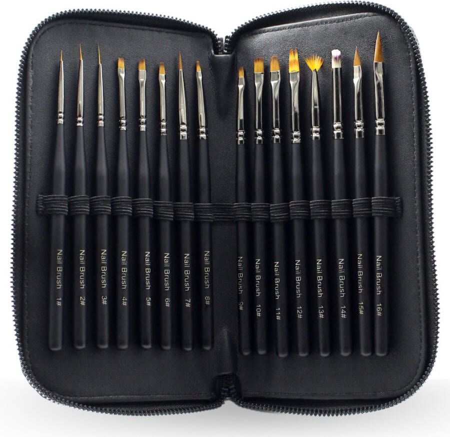 YUBBI Professionele 16-delige Nail Art Set Nagellak Acryl Penselen Fineliner Penseel Gellak Penselen Inclusief Opberg Etui
