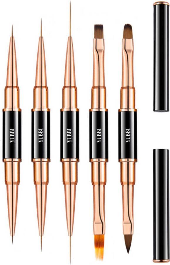 YUBBI Professionele 5-delige Dubbelzijdige Nail Art Penselen Set Nagellak Acryl Penselen Fineliner Penseel Gellak Penselen Nail Brush Zwart