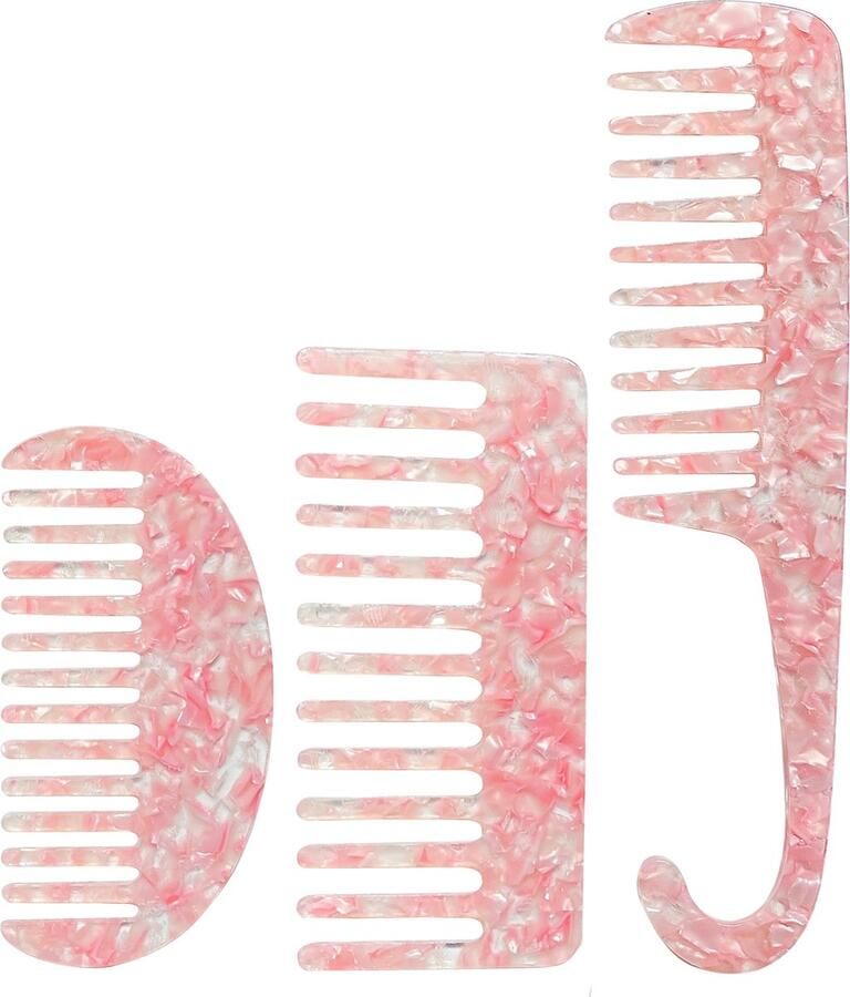 YUBBI Brede Haarkam Set Grove Douche Kam Wet Comb Wide Tooth Comb 3 Stuks Roze