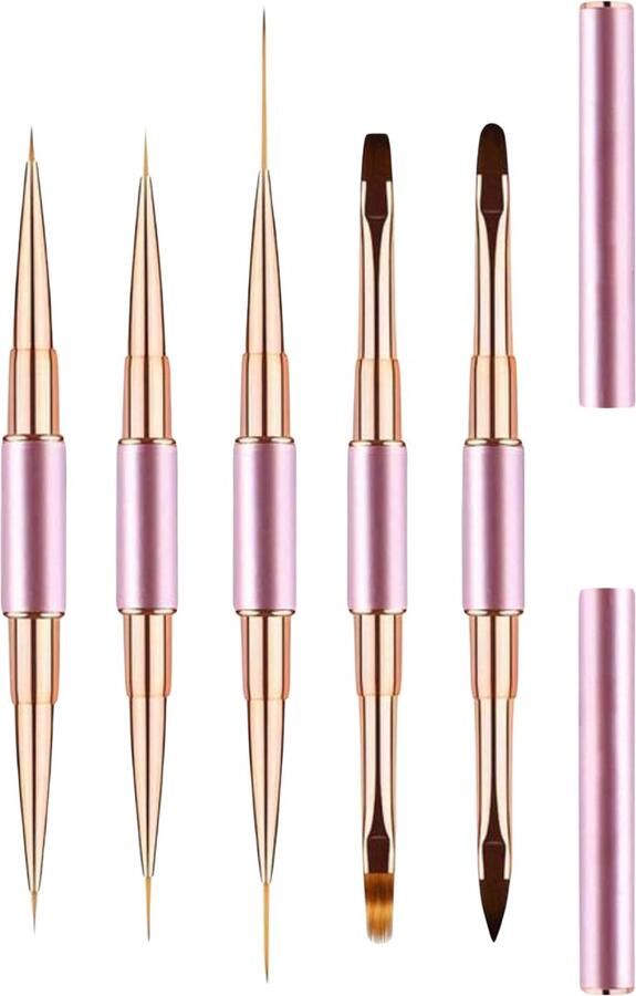 YUBBI Professionele 5-delige Dubbelzijdige Nail Art Penselen Set Nagellak Acryl Penselen Fineliner Penseel Gellak Penselen Nail Brush Roze