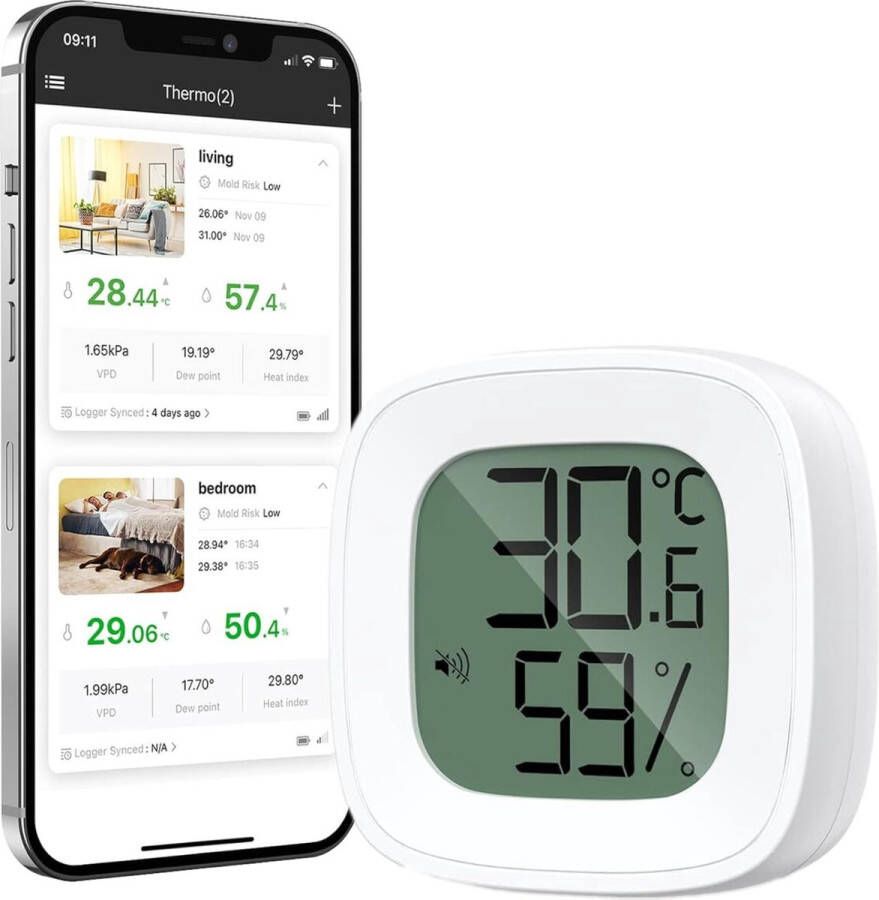 YUCONN Hygrometer Bluetooth Thermometer binnen en buiten Weerstation Draadloos Luchtvochtigheidsmeter binnen en buiten Digitaal gratis app