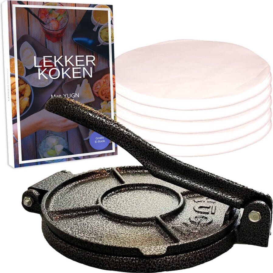 YUGN Tortilla Pers Roti Maker Hamburgerpers Inclusief 100 Stuks Bakpapier Vellen Tortilla Maker Tortillapers Ook Als Wrap Taco en Hamburger Pers Tortilla Press Veelzijdig en IJzersterk Gietijzer- Inclusief eBook 19 CM Cadeautip Sinterklaas
