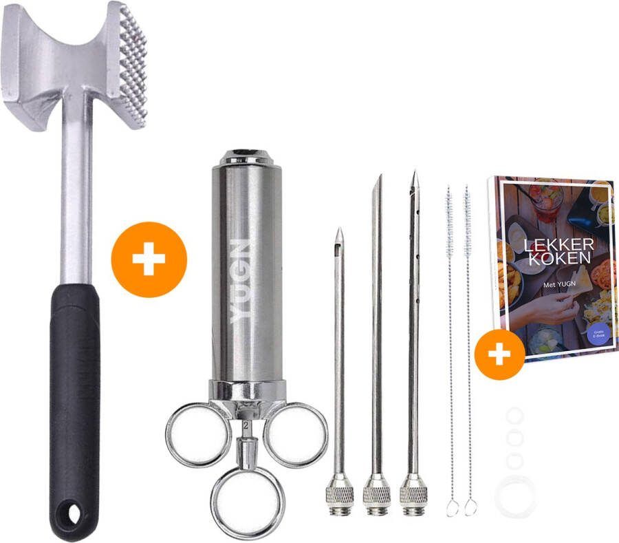 YUGN Vleeshamer 26 CM en Marinade Injectiespuit Marinade Injector 60 ML Inclusief 3 Naalden Cadeautip