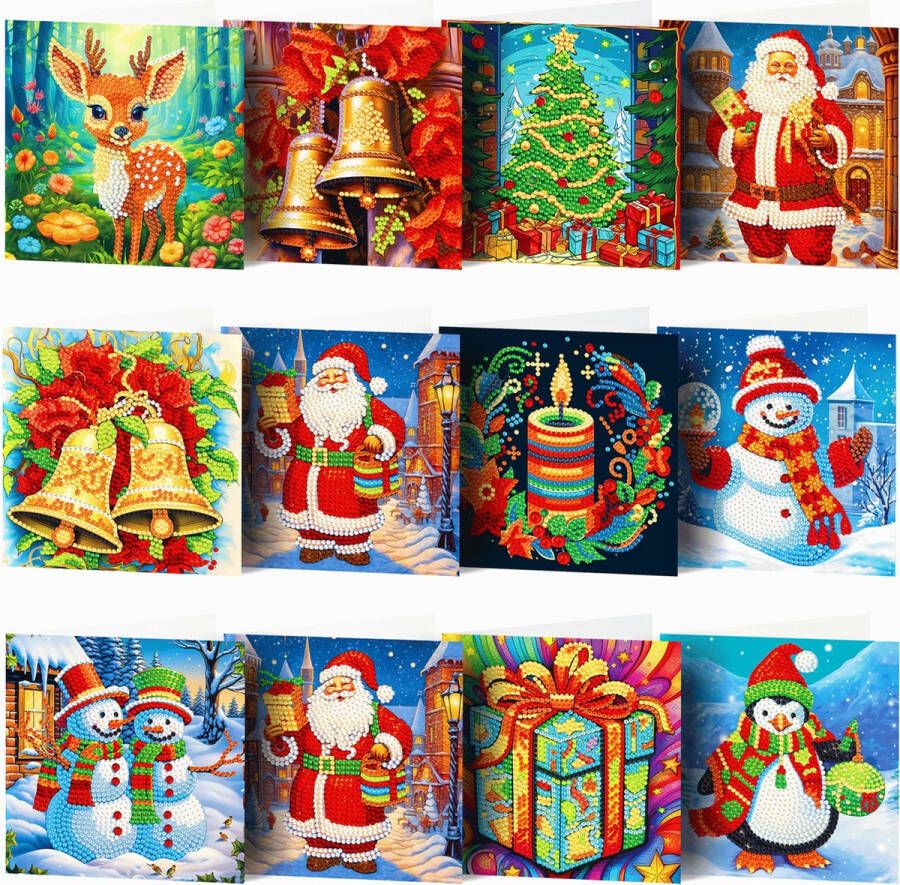 YUKO Diamond painting Diamond painting kerstkaarten diamond painting kerst volwassenen Set van 12 kerstkaarten 15x15cm Set 2