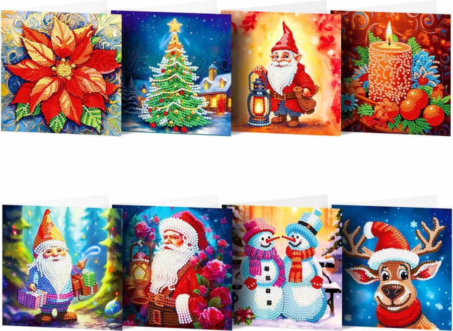 YUKO Diamond painting Diamond painting kerstkaarten diamond painting kerst volwassenen Set van 8 kerstkaarten 15x15cm Set 4