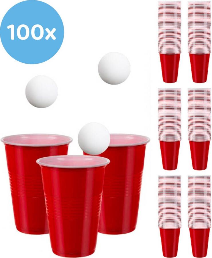 YUNICS Beerpong 100 stuk(s) Red Cups Inc. 3 Ballen Beerpong drankspel Plastic Bekers Beer Pong