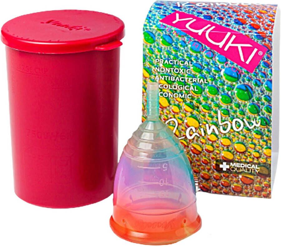 YUUKI Cup Classic menstruatiecup Rainbow Jolly Large met bewaarbeker magnetron sterilisator gemakkelijk in gebruik goede grip bij het verwijderen