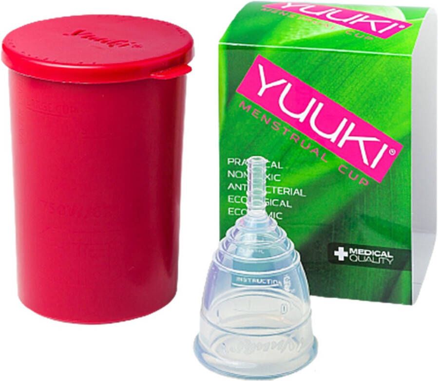 YUUKI Cup Classic menstruatiecup transparant Small met bewaarbeker magnetron sterilisator gemakkelijk in gebruik goede grip bij het verwijderen