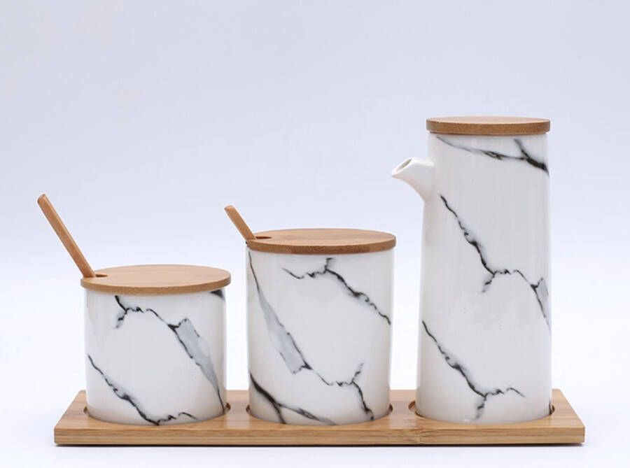 Yuya Living Kruidenpotjes Set van 3 Luxe Marmeren Met Bamboe Deksel Tray