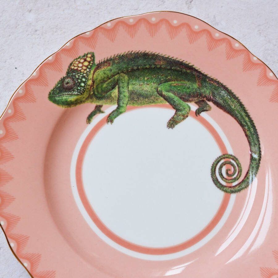 Yvonne Ellen gebaksbord kameleon 16cm groene kameleon porselein zalmroze bordje