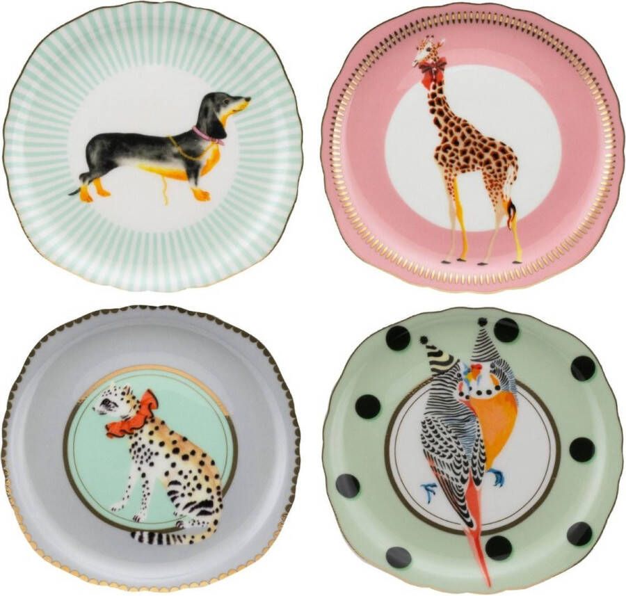 Yvonne Ellen London Animal Magic set 4 gebaksbord giraffe teckel vogels & luipaard porselein cadeaudoos
