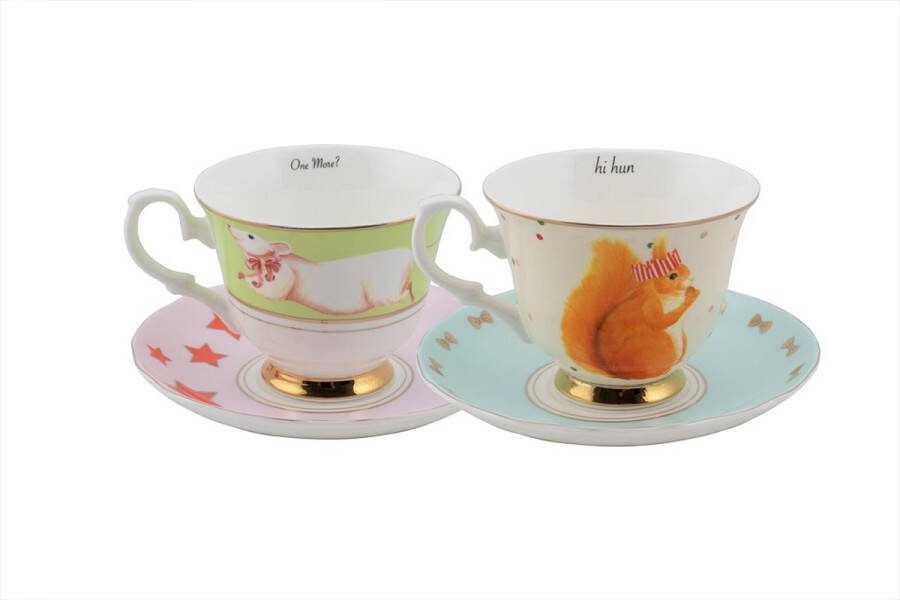 Yvonne Ellen London Kerstcollectie kop en schotel set 2 eekhoorn en muisje cadeaudoos