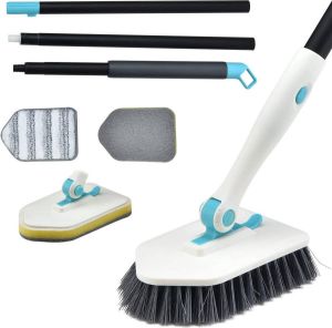 YVVV 3-in-1 badkamerreinigingsborstel 51 inch (130 cm) met verstelbare lange steel badborstel 180° roterende scrubber sponsborstel voor badkamertegels toilet bad (wit)