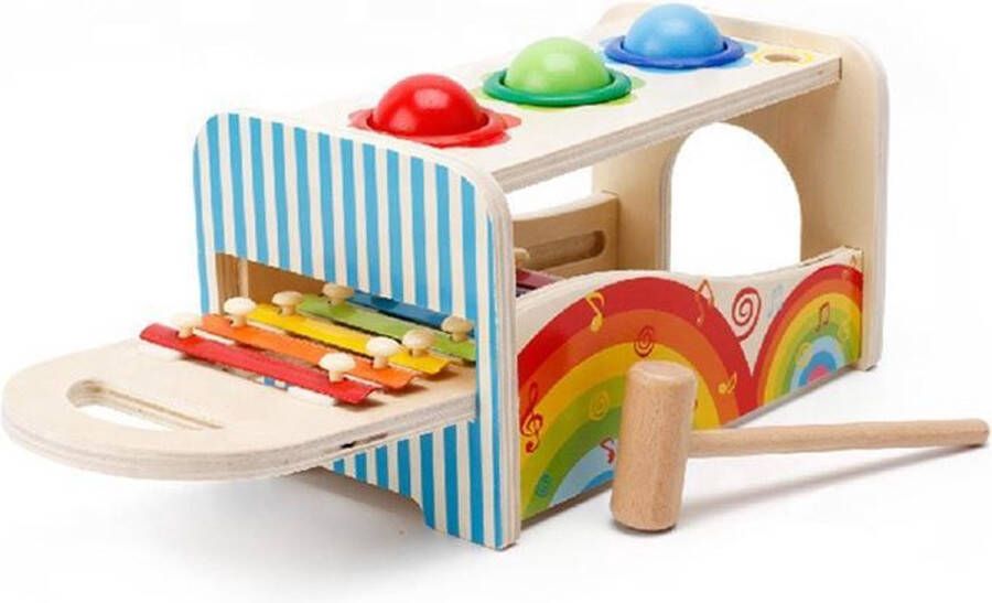 Zacia Toys Hamerbank en Xylofoon Blauw Speelgoed Regenboog Hout 6-delig Houtenspeelgoed Hamerspel Houten Muziek Instrument Educatief Speelgoed
