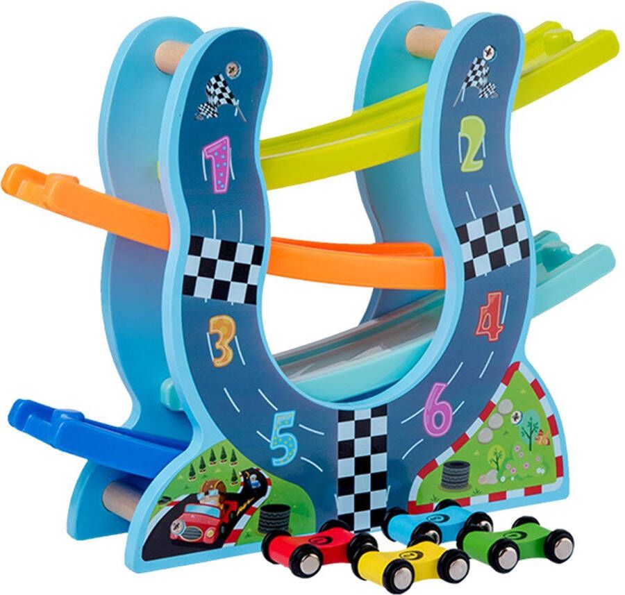 Zacia Toys Houten Knikkerbaan Jodelbaan Autobaan Racebaan Met 4 Auto s ZigZag Speelset Knikkerbaan Houtenspeelgoed KerstCadeau SinterklaasCadeau Pakjesavond Educatief Speelgoed