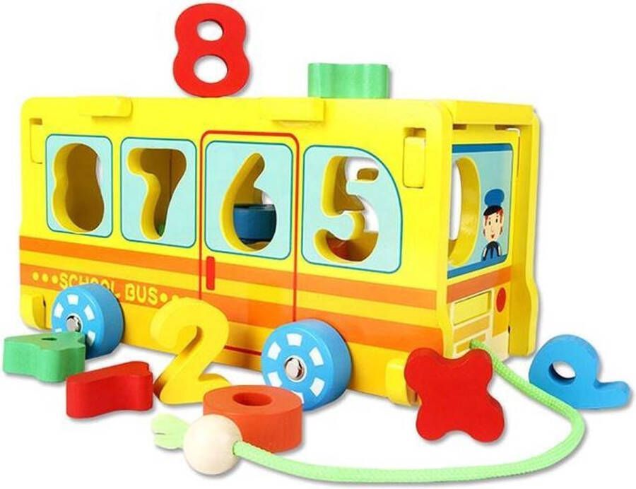 Zacia Toys Houten Trekfiguur schoolbus Cijfers Vormenstoof Montessori Speelgoed Rekenspel