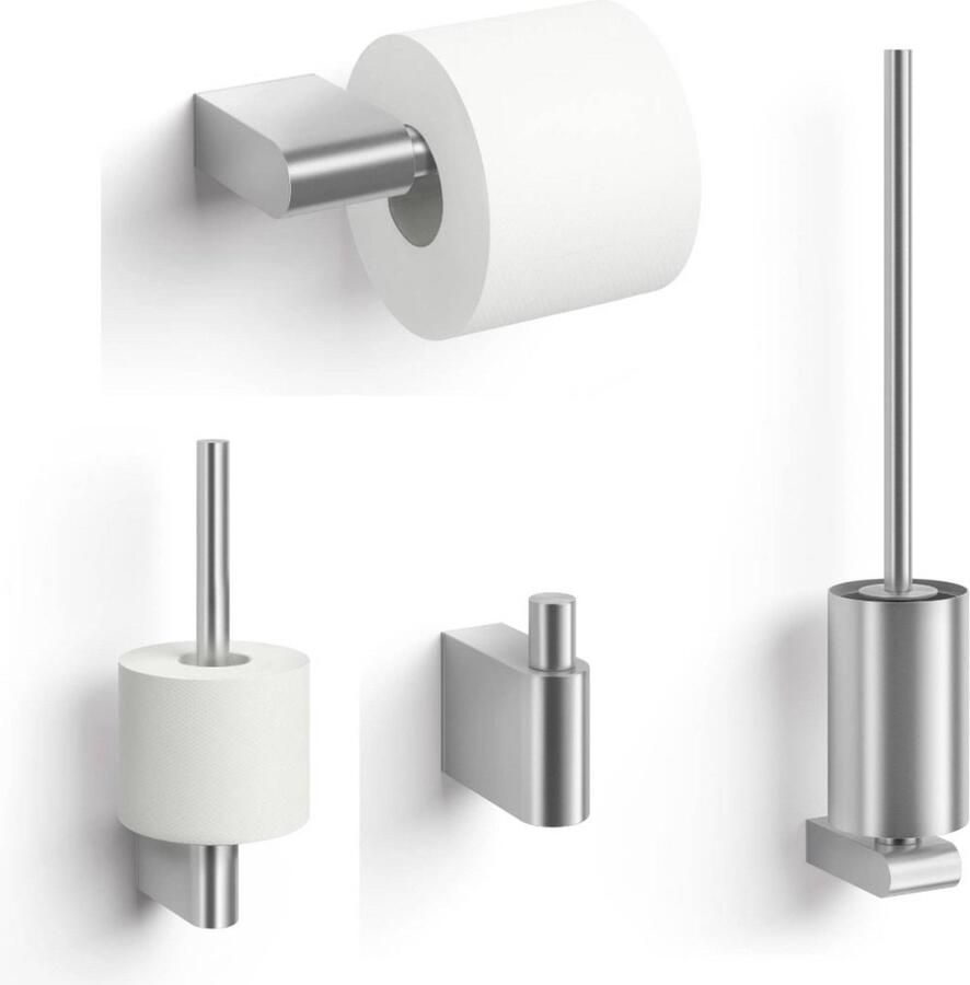 ZACK Atore Toiletaccessoiresets 4-in-1 Geborsteld RVS WCRolhouder Toiletborstel Reserverolhouder en Handdoekhaak