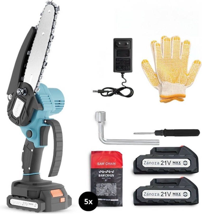 Zanora Mini Kettingzaag 21V Inclusief 2 Led-Accu's 15 cm Bladbreedte Inclusief 5 Kettingen Snoeizaag -Geschikt voor Makita Accu's Takkenzaag