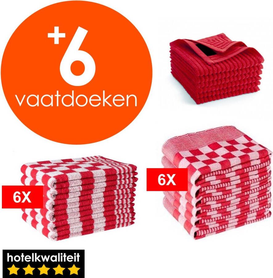 Slaaptextiel Zavelo 6x Theedoeken en 6x Keukendoeken Set + 6x GRATIS VAATDOEKJES 6x Theedoeken 6x Keukendoeken Rood