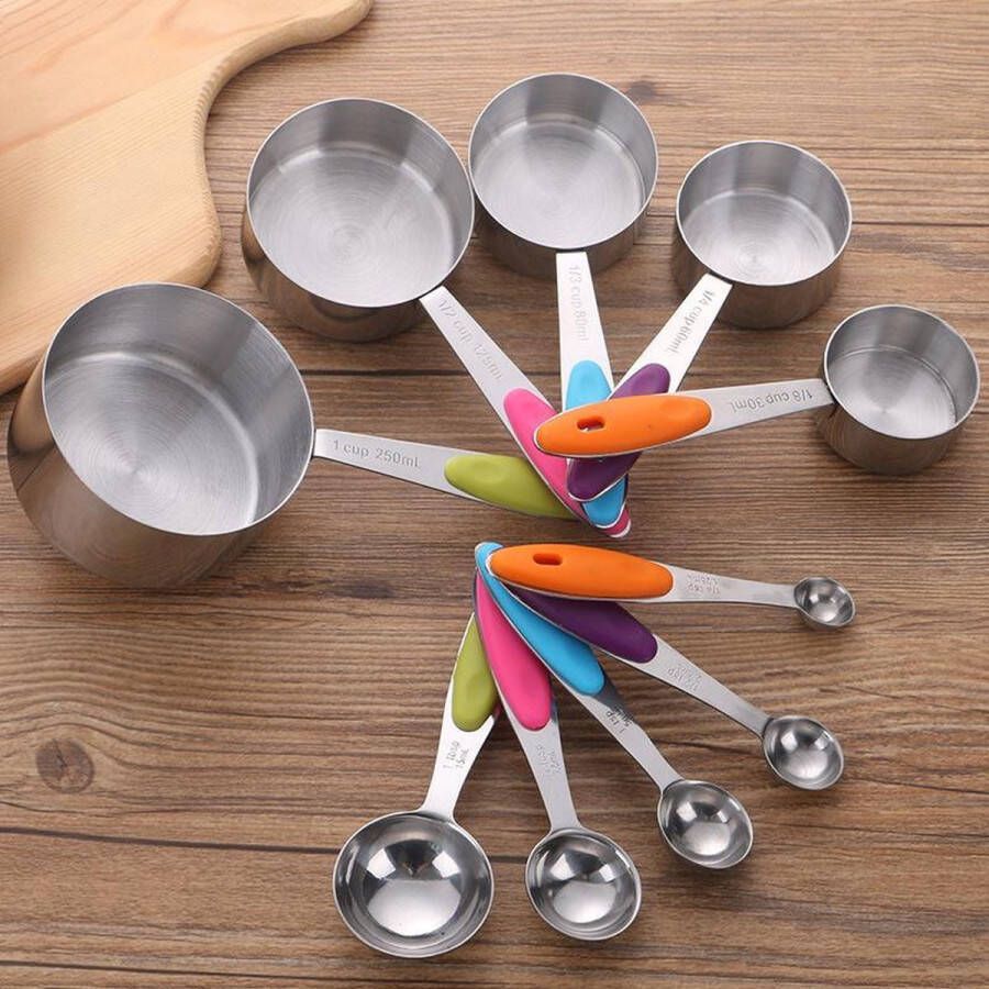 Zavillo Luxe Maatbeker en Maatlepel Set – Keukengerei – Measuring Cups – Measuring Spoons – Kleurrijke 10-delige Set – 1.25ml t m 250ml – Amerikaanse en Nederlandse Maateenheid – RVS